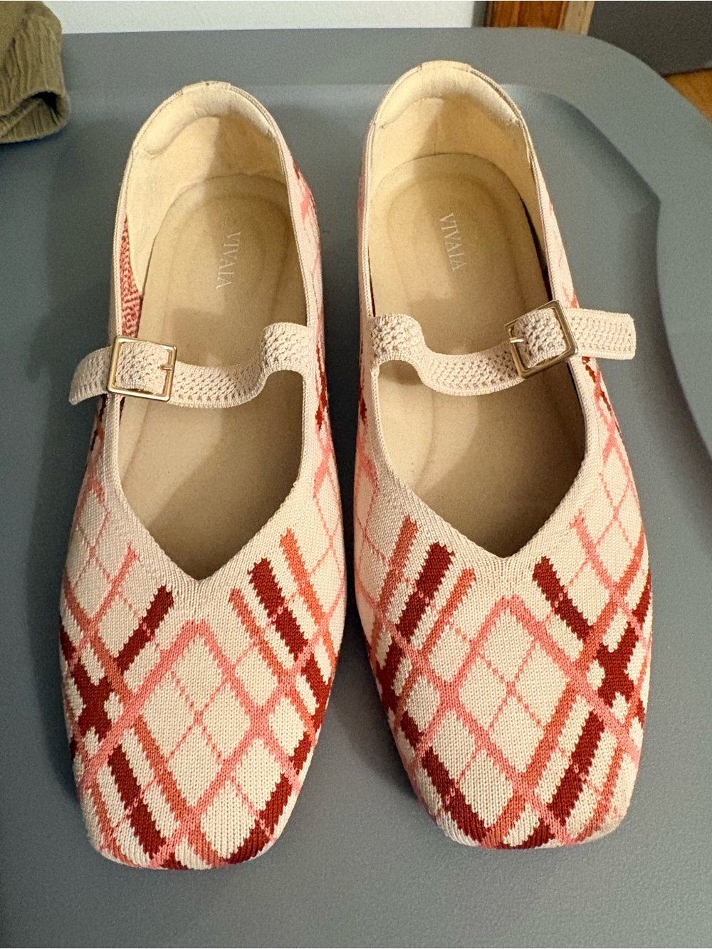 Vivaia brand Pink Plaid Mary Jane Flats with Buckle Strap, comfortable - Picture 3 of 5